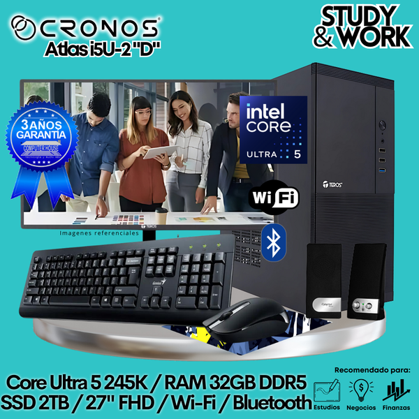 PC CRONOS Atlas U5-2 "D", RAM 32GB DDR5, SSD 2TB, Monitor 27″ FHD, Wi-Fi & Bluetooth, Kit Teclado + Mouse, Parlantes o Audífono.