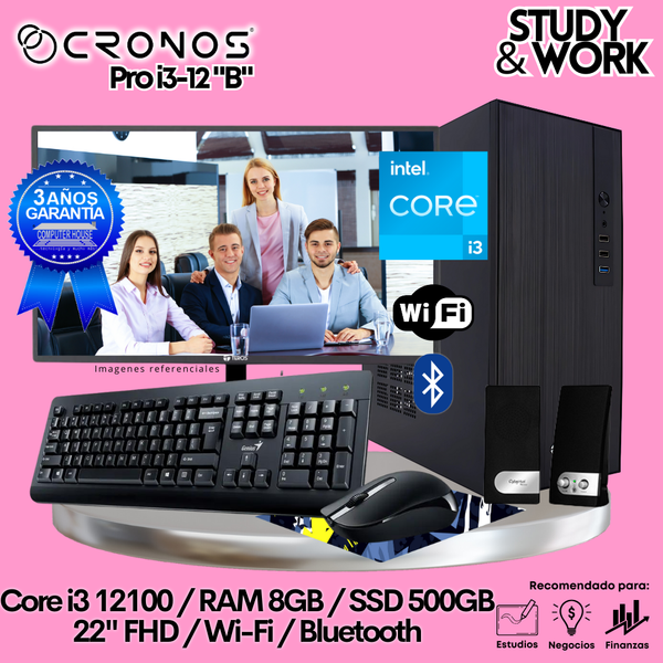 PC CRONOS Pro i3-12 "B", RAM 8GB, SSD 500GB, Monitor 22″ FHD, Wi-Fi & Bluetooth, Kit Teclado + Mouse, Parlantes o Audífono.