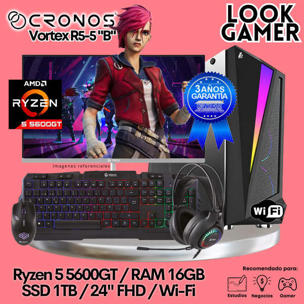 PC Look Gamer CRONOS Vortex R5-5 "B", RAM 16GB, SSD 1TB, Monitor 24″ FHD, Wi-Fi.