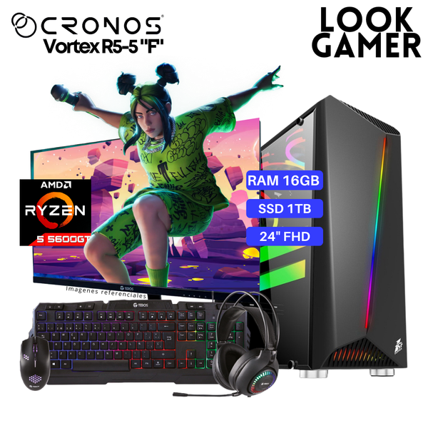 PC Look Gamer CRONOS Vortex R5-5 "F", RAM 16GB, SSD 1TB, Monitor 24″ FHD.