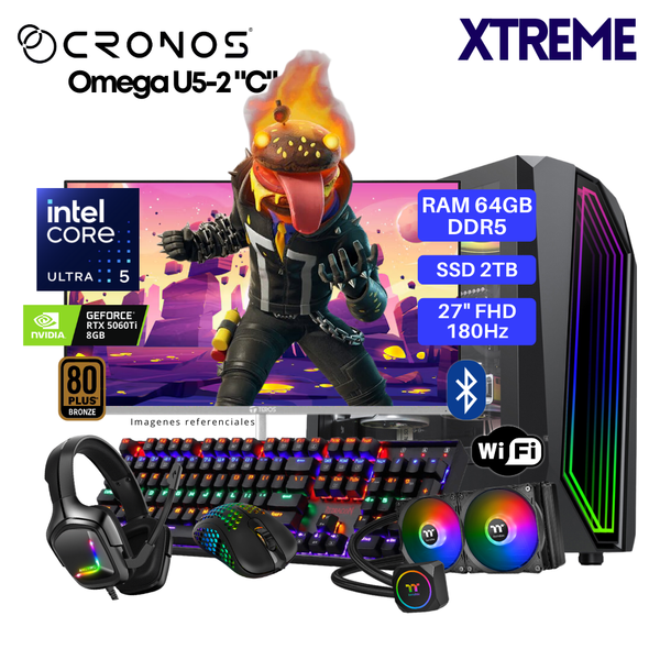 PC Xtreme CRONOS Omega U5-2 "C", RAM 64GB DDR5, SSD 2TB, RTX5060Ti 8GB, Enfriamiento Líquido, Monitor 27″ FHD 180Hz, Wi-Fi & Bluetooth.