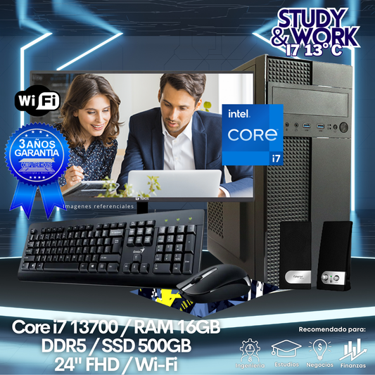 Desktop Core i7-13700 "C", RAM 16GB DDR5, SSD 500GB, Wi-Fi, Monitor 24″ FHD, Kit Teclado + Mouse, Parlantes o Audífono.