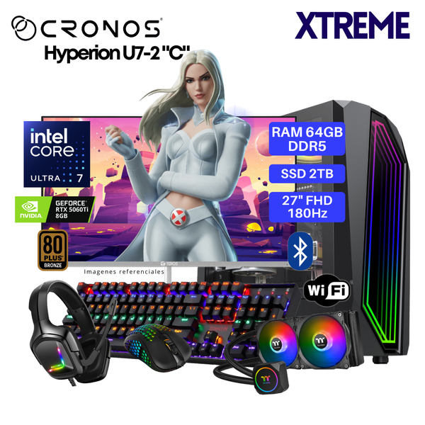 PC Xtreme CRONOS Hyperion U7-2 "C", RAM 64GB DDR5, SSD 2TB, RTX5060Ti 8GB, Enfriamiento Líquido, Monitor 27″ FHD 180Hz, Wi-Fi & Bluetooth.