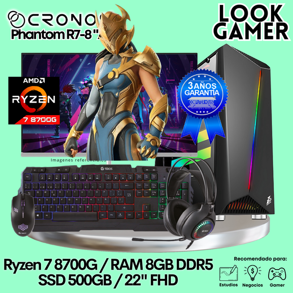 PC Look Gamer CRONOS Phantom R7-8 "A", RAM 8GB DDR5, SSD 500GB, Monitor 22″ FHD.