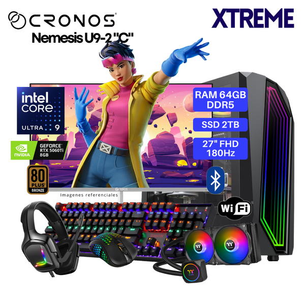 PC Xtreme CRONOS Nemesis U9-2 "C", RAM 64GB DDR5, SSD 2TB, RTX5060Ti 8GB, Enfriamiento Líquido, Monitor 27″ FHD 180Hz, Wi-Fi & Bluetooth.