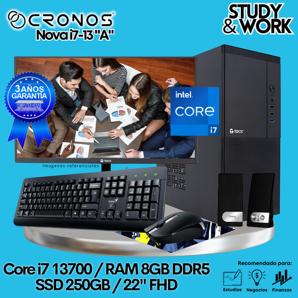 PC CRONOS Nova i7-13 "A", RAM 8GB DDR5, SSD 250GB, Monitor 22″ FHD, Kit Teclado + Mouse, Parlantes o Audífono.