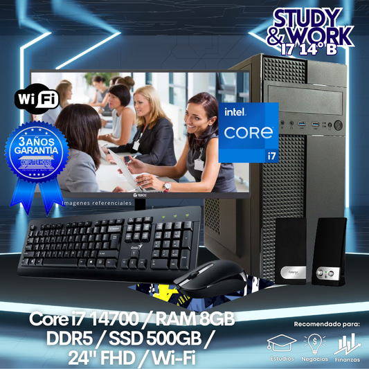 Desktop Core i7-14700 "B", RAM 8GB DDR5, SSD 500GB, Wi-Fi, Monitor 24″ FHD, Kit Teclado + Mouse, Parlantes o Audífono.