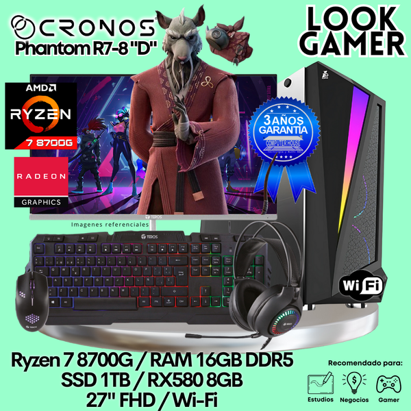PC Look Gamer CRONOS Phantom R7-8 "D", RAM 16GB DDR5, SSD 1TB, RX580 8GB, Monitor 27″ FHD, Wi-Fi.