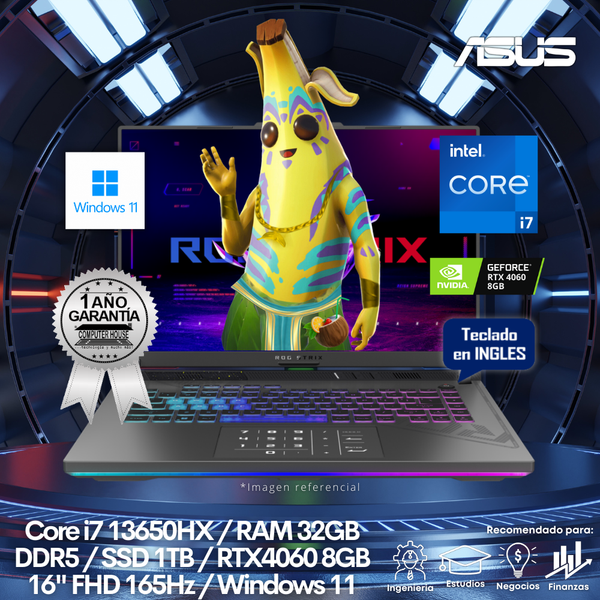Laptop ASUS Rog Strix G16, Core i7-13650HX, RAM 32GB DDR5, SSD 1TB, Video RTX4060 8GB, 16" FHD 165Hz, Teclado en Inglés, Windows 11.