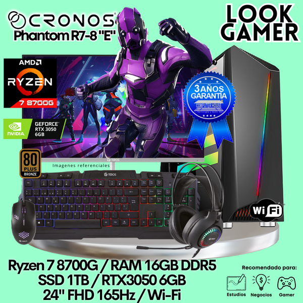 PC Look Gamer CRONOS Phantom R7-8 "E", RAM 16GB DDR5, SSD 1TB, RTX3050 6GB, Monitor 24″ FHD 165Hz, Wi-Fi.