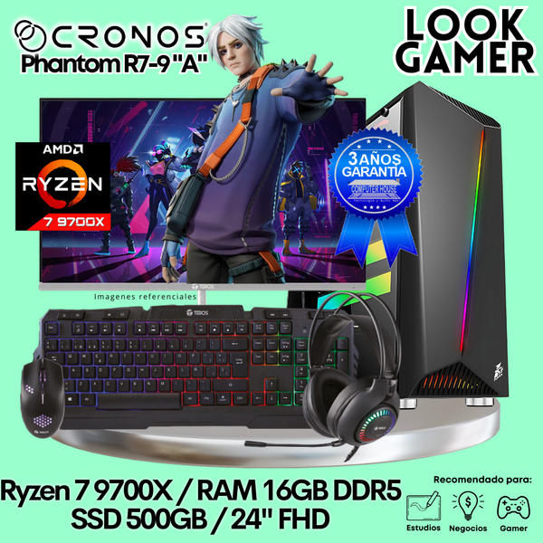 PC Look Gamer CRONOS Phantom R7-9 "A", RAM 16GB DDR5, SSD 500GB, Monitor 24″ FHD, Wi-Fi.