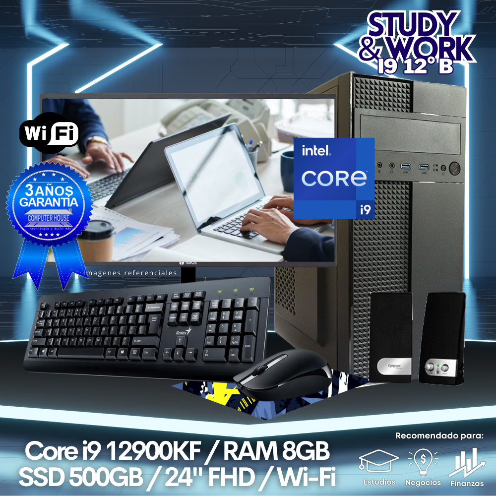 Desktop Core i9-12900K "B", RAM 8GB, SSD 500GB, Wi-Fi, Monitor 24″ FHD, Kit Teclado + Mouse, Parlantes o Audífono.