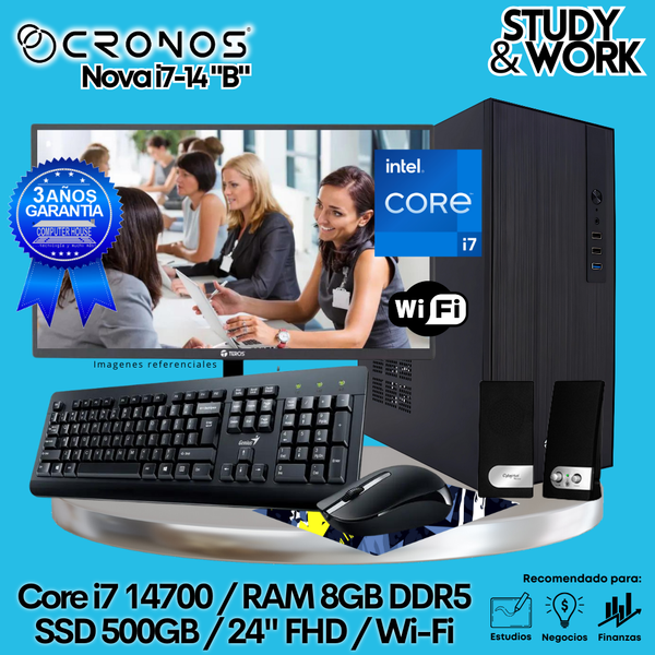 PC CRONOS Nova i7-14 "B", RAM 8GB DDR5, SSD 500GB, Monitor 24″ FHD, Wi-Fi, Kit Teclado + Mouse, Parlantes o Audífono.