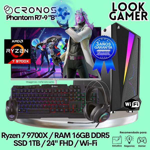 PC Look Gamer CRONOS Phantom R7-9 "B", RAM 16GB DDR5, SSD 1TB, Monitor 24″ FHD 165Hz, Wi-Fi.