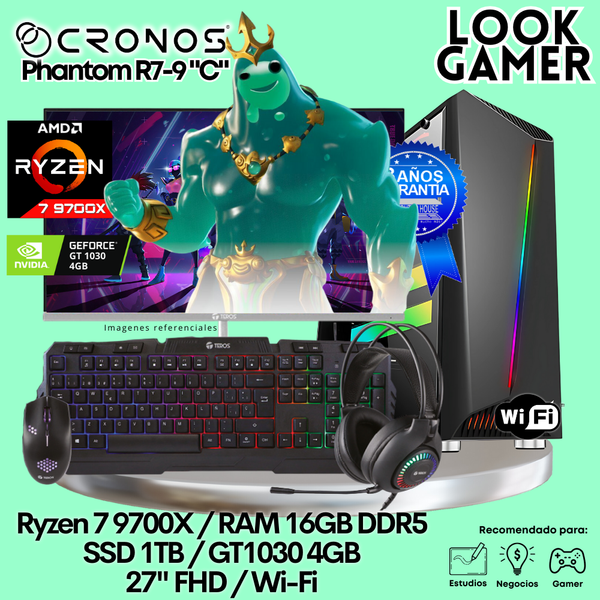 PC Look Gamer CRONOS Phantom R7-9 "C", RAM 16GB DDR5, SSD 1TB, GT1030 4GB, Monitor 27″ FHD 165Hz, Wi-Fi.