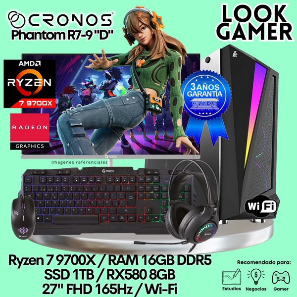 PC Look Gamer CRONOS Phantom R7-9 "D", RAM 16GB DDR5, SSD 1TB, RX580 8GB, Monitor 27″ FHD 165Hz, Wi-Fii.