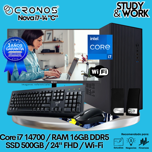 PC CRONOS Nova i7-14 "C", RAM 16GB DDR5, SSD 500GB, Monitor 24″ FHD, Wi-Fi, Kit Teclado + Mouse, Parlantes o Audífono.