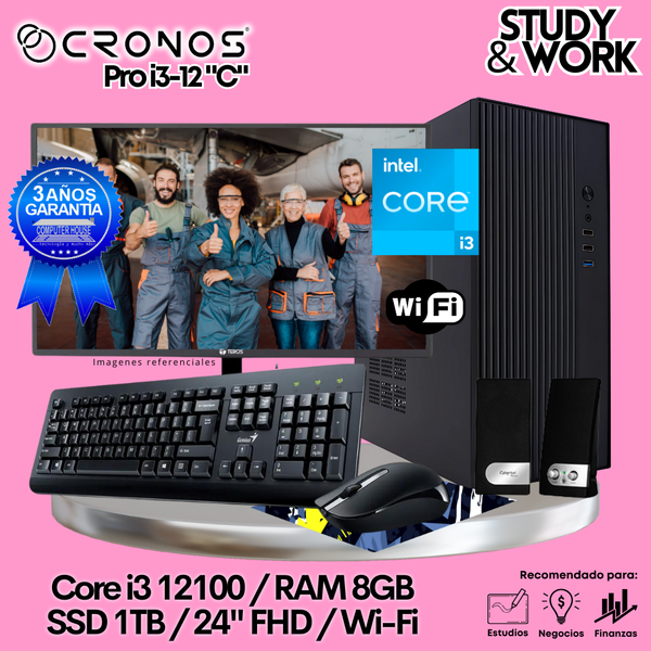 PC CRONOS Pro i3-12 "C", RAM 8GB, SSD 1TB, Monitor 24″ FHD, Wi-Fi, Kit Teclado + Mouse, Parlantes o Audífono.