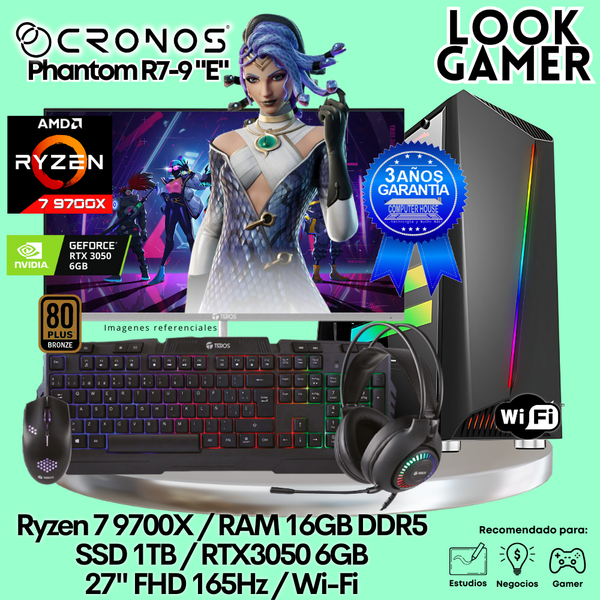 PC Look Gamer CRONOS Phantom R7-9 "E", RAM 16GB DDR5, SSD 1TB, RTX3050 6GB, Monitor 27″ FHD 165Hz, Wi-Fi.
