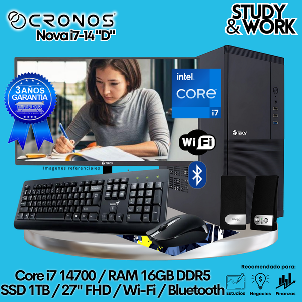 PC CRONOS Nova i7-14 "D", RAM 16GB DDR5, SSD 1TB, Monitor 27″ FHD, Wi-Fi & Bluetooth, Kit Teclado + Mouse, Parlantes o Audífono.