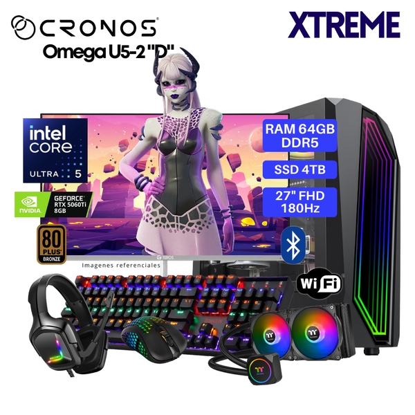 PC Xtreme CRONOS Omega U5-2 "D", RAM 64GB DDR5, SSD 4TB, RTX5060Ti 8GB, Enfriamiento Líquido, Monitor 27″ FHD 180Hz, Wi-Fi & Bluetooth.