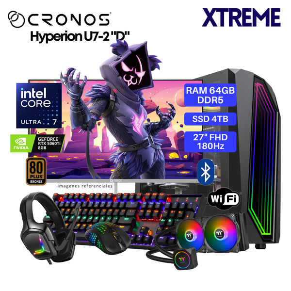 PC Xtreme CRONOS Hyperion U7-2 "D", RAM 64GB DDR5, SSD 4TB, RTX5060Ti 8GB, Enfriamiento Líquido, Monitor 27″ FHD 180Hz, Wi-Fi & Bluetooth.