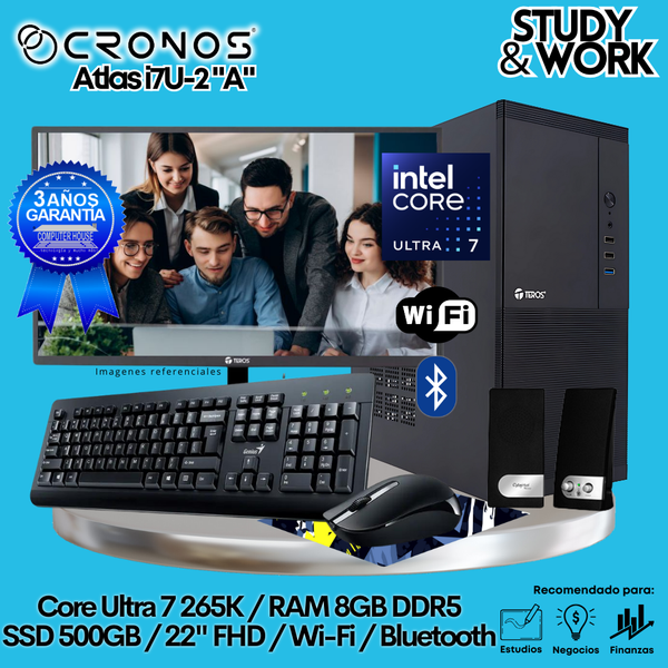 PC CRONOS Nova U7-2 "A", RAM 8GB DDR5, SSD 500GB, Monitor 22″ FHD, Wi-Fi & Bluetooth, Kit Teclado + Mouse, Parlantes o Audífono.