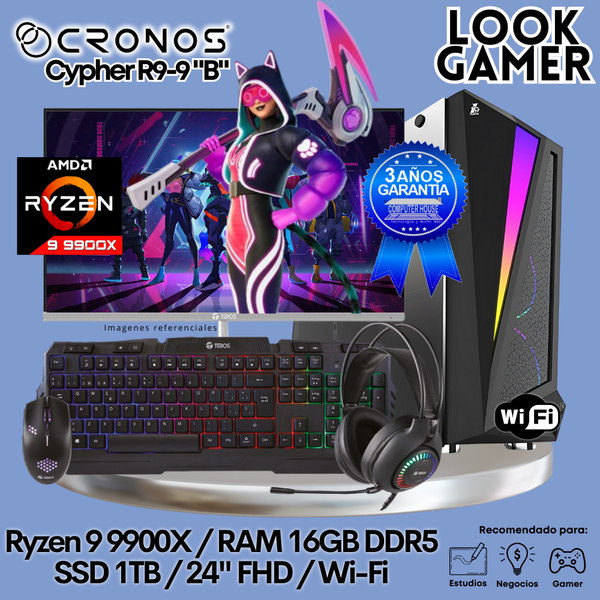 PC Look Gamer CRONOS Cypher R9-9 "B", RAM 16GB DDR5, SSD 500GB, Monitor 24″ FHD 165Hz, Wi-Fi.