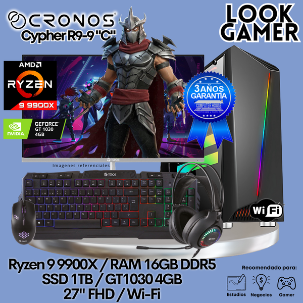 PC Look Gamer CRONOS Cypher R9-9 "C", RAM 16GB DDR5, SSD 1TB, GT1030 4GB, Monitor 27″ FHD, Wi-Fi.
