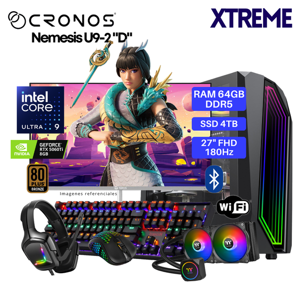 PC Xtreme CRONOS Nemesis U9-2 "D", RAM 64GB DDR5, SSD 4TB, RTX5060Ti 8GB, Enfriamiento Líquido, Monitor 27″ FHD 180Hz, Wi-Fi & Bluetooth.
