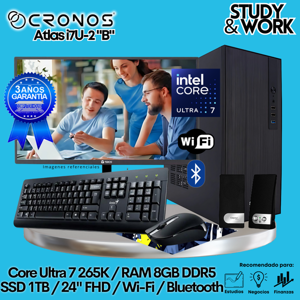 PC CRONOS Nova U7-2 "B", RAM 8GB DDR5, SSD 1TB, Monitor 24″ FHD, Wi-Fi & Bluetooth, Kit Teclado + Mouse, Parlantes o Audífono.