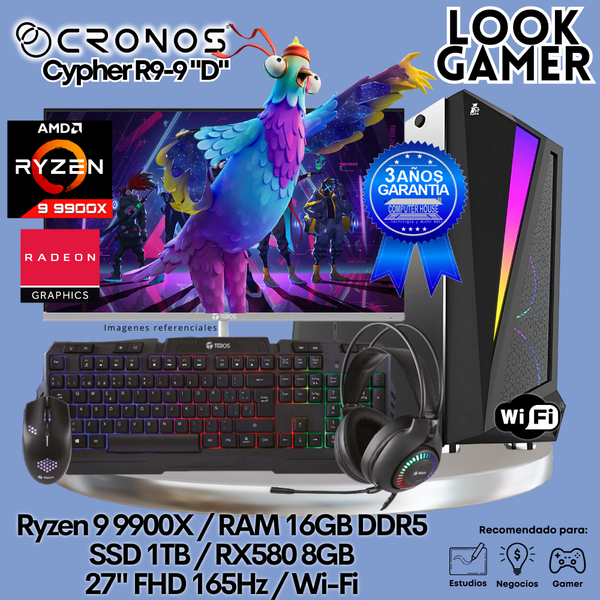 PC Look Gamer CRONOS Cypher R9-9 "D", RAM 16GB DDR5, SSD 1TB, RX580 8GB, Monitor 27″ FHD 165Hz, Wi-Fi.