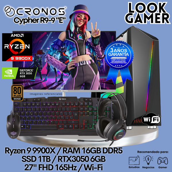 PC Look Gamer CRONOS Cypher R9-9 "E", RAM 16GB DDR5, SSD 1TB, RTX3050 6GB, Monitor 27″ FHD 165Hz, Wi-Fi.