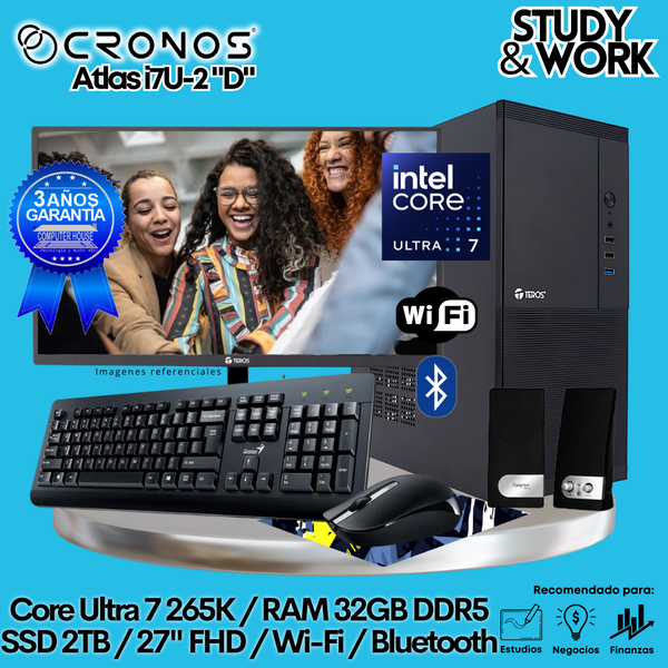 PC CRONOS Nova U7-2 "D", RAM 32GB DDR5, SSD 2TB, Monitor 27″ FHD, Wi-Fi & Bluetooth, Kit Teclado + Mouse, Parlantes o Audífono.