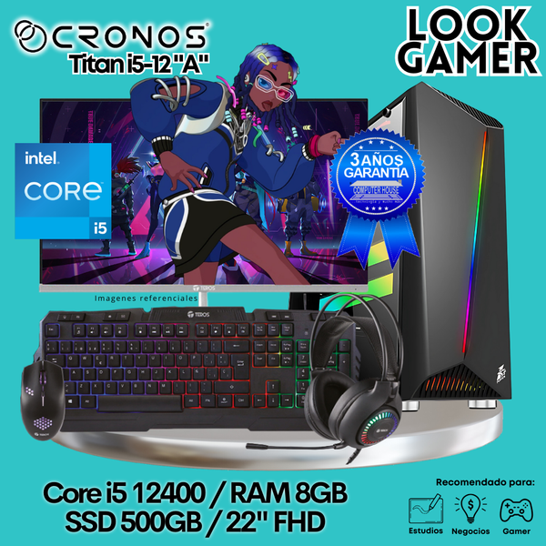 PC Look Gamer CRONOS Titan i5-12 "A", RAM 8GB, SSD 500GB, Monitor 22″ FHD.