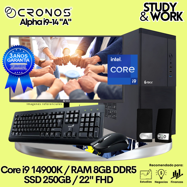 PC CRONOS Alpha i9-14 "A", RAM 8GB DDR5, SSD 250GB, Monitor 22″ FHD, Kit Teclado + Mouse, Parlantes o Audífono.