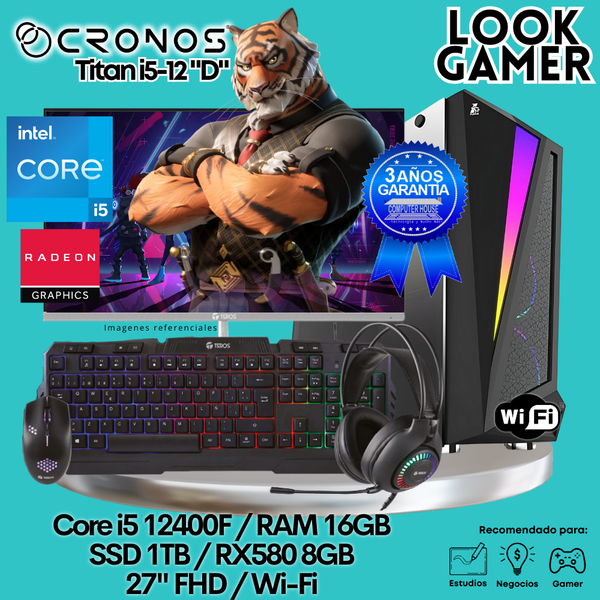 PC Look Gamer CRONOS Titan i5-12 "D", RAM 16GB, SSD 1TB, RX580 8GB, Monitor 27″ FHD, Wi-Fi.