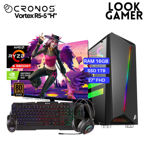 PC Look Gamer CRONOS Vortex R5-5 "H", RAM 16GB, SSD 1TB, RTX5050 8GB, Monitor 27″ FHD.