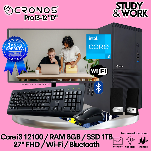 PC CRONOS Pro i3-12 "D", RAM 8GB, SSD 1TB, Monitor 27″ FHD, Wi-Fi & Bluetooth, Kit Teclado + Mouse, Parlantes o Audífono.