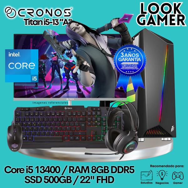 PC Look Gamer CRONOS Titan i5-13 "A", RAM 8GB DDR5, SSD 500GB, Monitor 22″ FHD.
