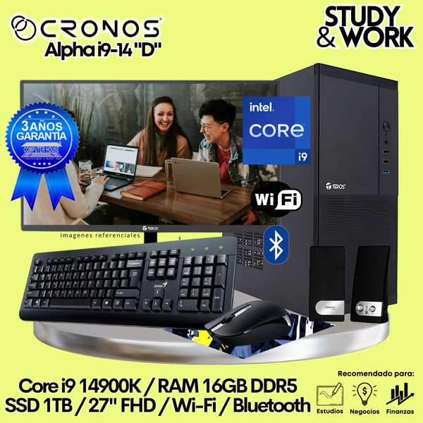 PC CRONOS Alpha i9-14 "D", RAM 16GB DDR5, SSD 1TB, Monitor 27″ FHD, Wi-Fi & Bluetooth, Kit Teclado + Mouse, Parlantes o Audífono.