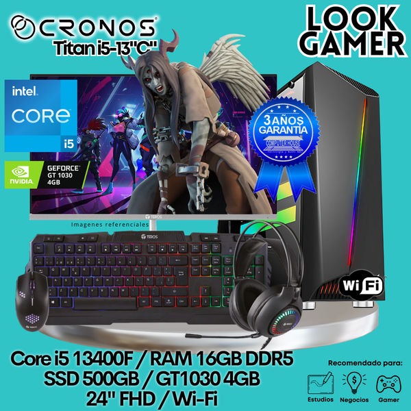 PC Look Gamer CRONOS Titan i5-13 "C", RAM 16GB DDR5, SSD 500GB, GT1030 4GB, Monitor 24″ FHD, Wi-Fi.