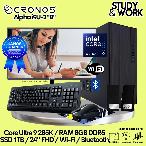 PC CRONOS Alpha U9-2 "B", RAM 8GB DDR5, SSD 1TB, Monitor 24″ FHD, Wi-Fi & Bluetooth, Kit Teclado + Mouse, Parlantes o Audífono.