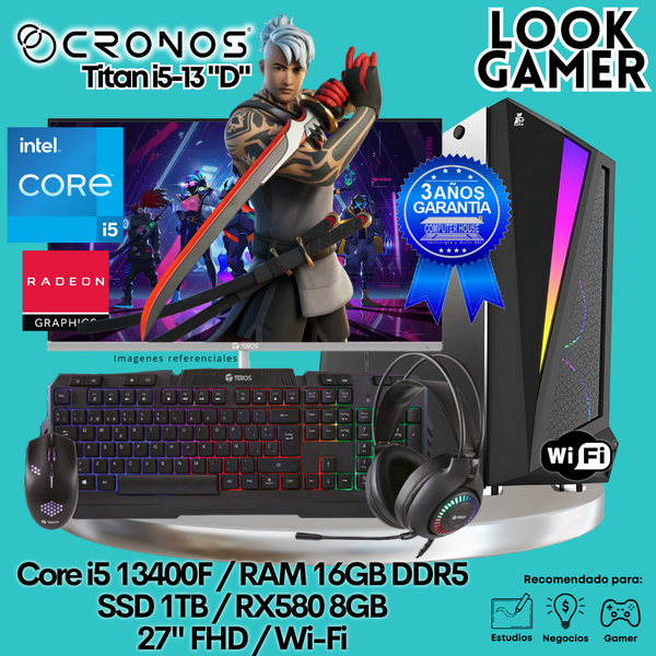 PC Look Gamer CRONOS Titan i5-13 "D", RAM 16GB DDR5, SSD 1TB, RX580 8GB, Monitor 27″ FHD, Wi-Fi.