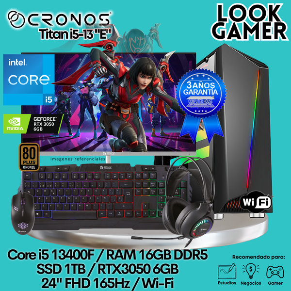 PC Look Gamer CRONOS Titan i5-13 "E", RAM 16GB DDR5, SSD 1TB, RTX3050 6GB, Monitor 24″ FHD 165Hz, Wi-Fi.