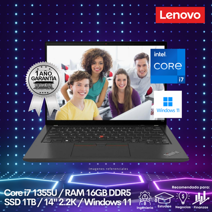 Laptop LENOVO ThinkPad T14, Core i7-1355U, RAM 16GB DDR5, SSD 1TB, 14" 2.2K, Windows 11.