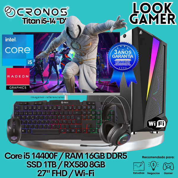 PC Look Gamer CRONOS Titan i5-14 "D", RAM 16GB DDR5, SSD 1TB, RX580 8GB, Monitor 27″ FHD, Wi-Fi.