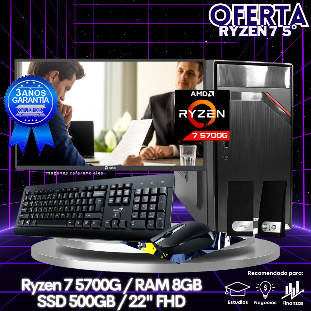 OFERTA: Desktop Ryzen 7-5700G, RAM 8GB, SSD 500GB, Monitor 22″ FHD, Kit Teclado + Mouse, Parlantes.