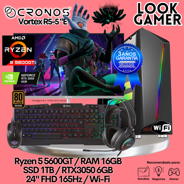 PC Look Gamer CRONOS Vortex R5-5 "E", RAM 16GB, SSD 1TB, RTX3050 6GB, Monitor 24″ FHD 165Hz, Wi-Fi.