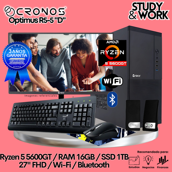 PC CRONOS Optimus R5-5 "D", RAM 16GB, SSD 1TB, Monitor 27″ FHD, Wi-Fi & Bluetooth, Kit Teclado + Mouse, Parlantes o Audífono.